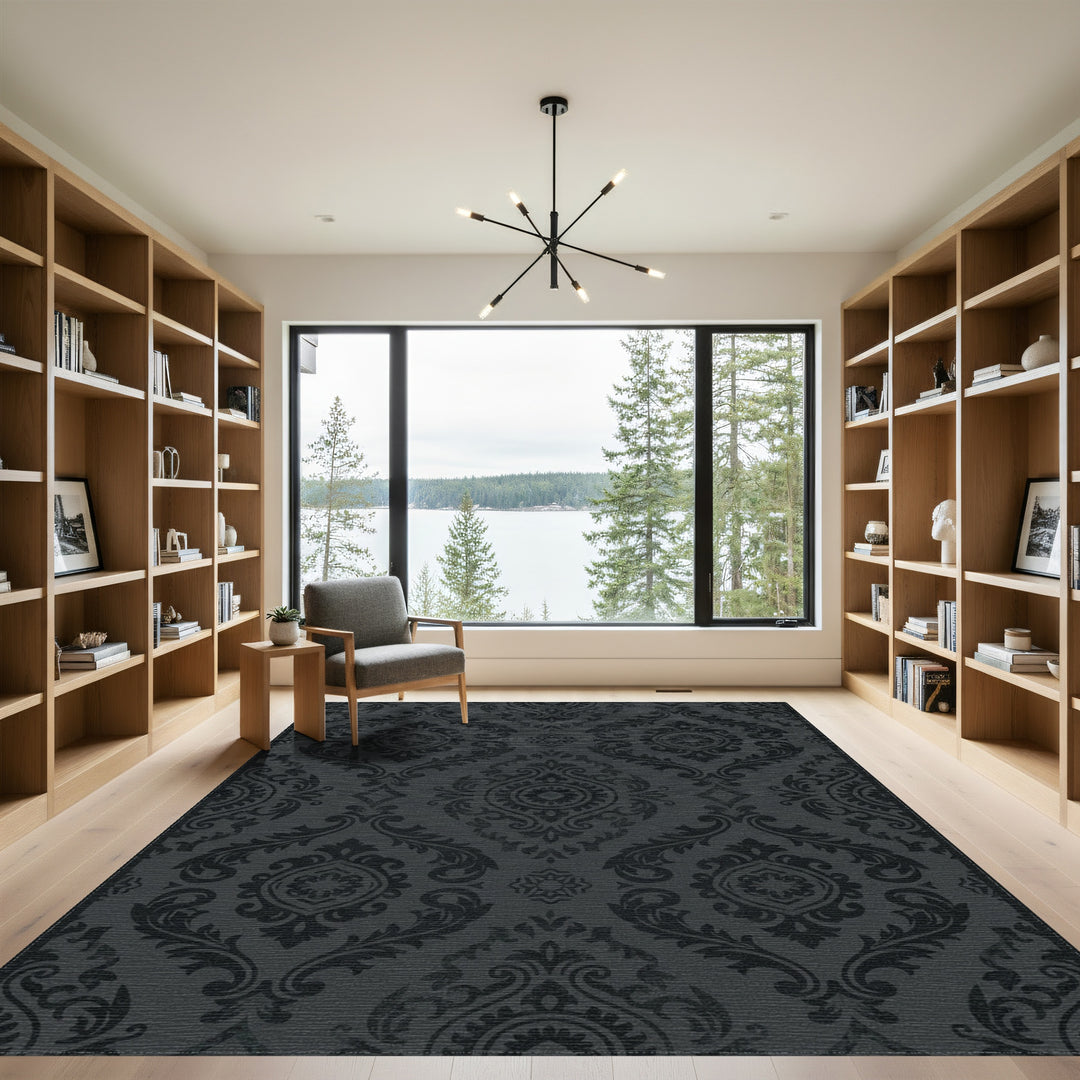 Dark Charcoal Damask Ornament Rug