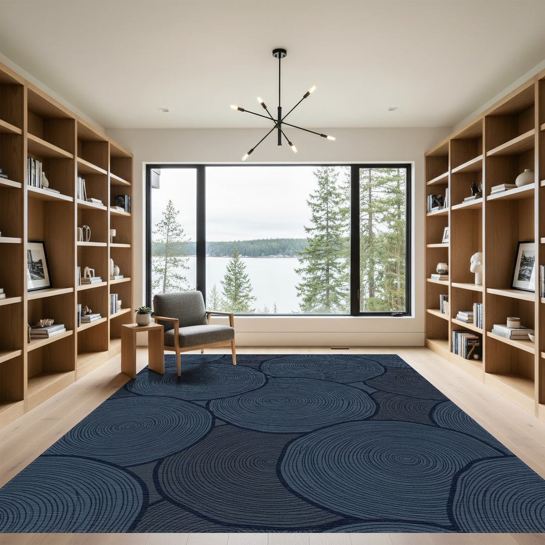 Deep Navy Wood Grain Circles Rug