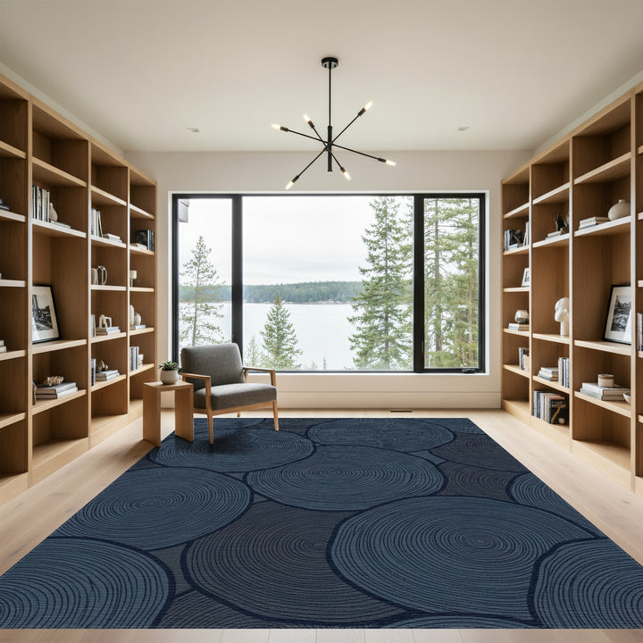 Deep Navy Wood Grain Circles Rug
