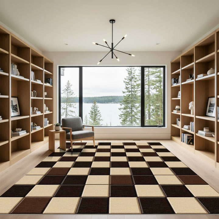 Classic Brown Beige Checkered Squares Rug