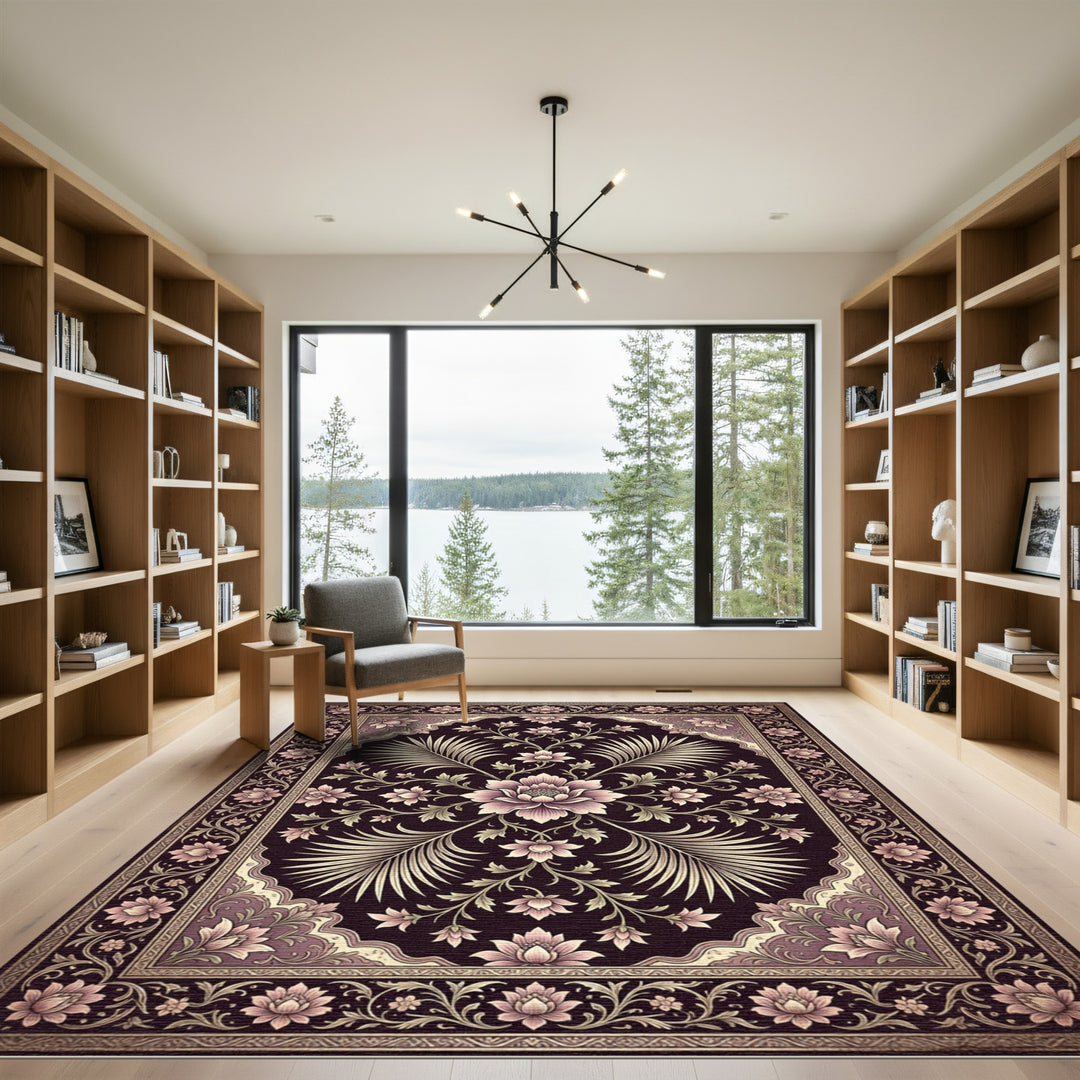Ornate Plum Lotus Botanical Tapestry Rug