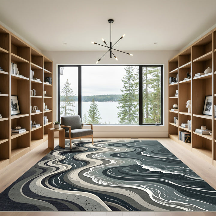 Abstract Monochrome Wavy Waterscape Rug
