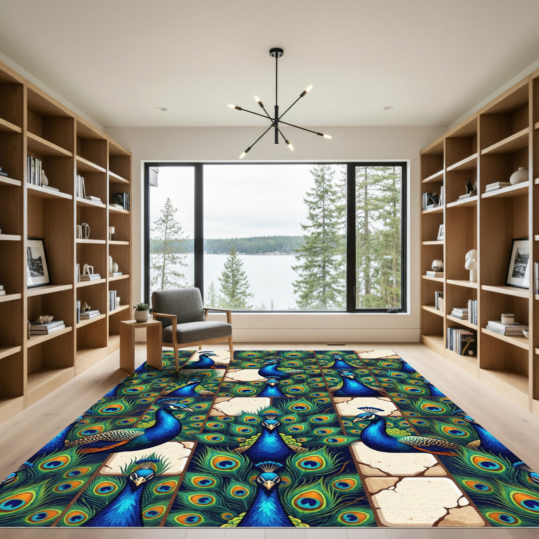 Majestic Blue Peacock Feather Tapestry Rug