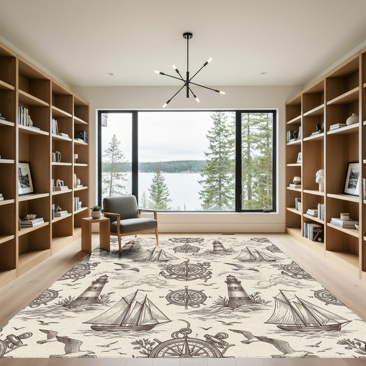 Nautical Sketch Lighthouse Sailboat Compass Seagull Rug