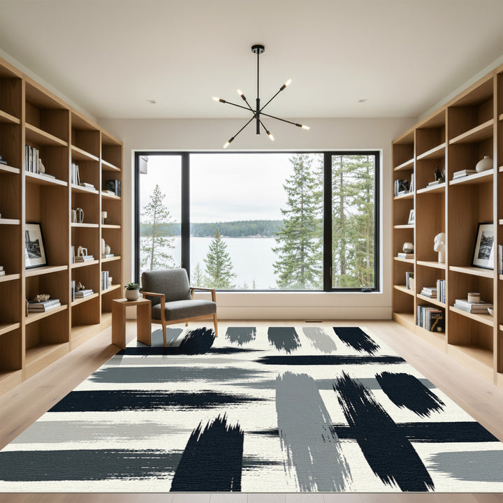 Abstract Brushstrokes Gray Black Rug