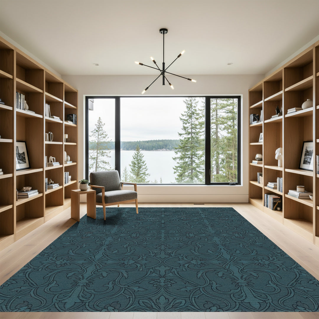 Deep Teal Floral Damask Scroll Rug