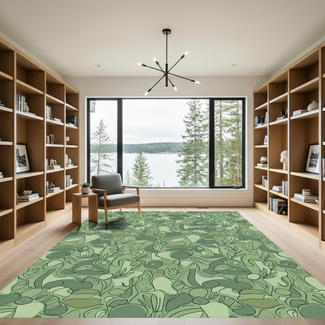 Earthy Green Organic Abstract Foliage Rug