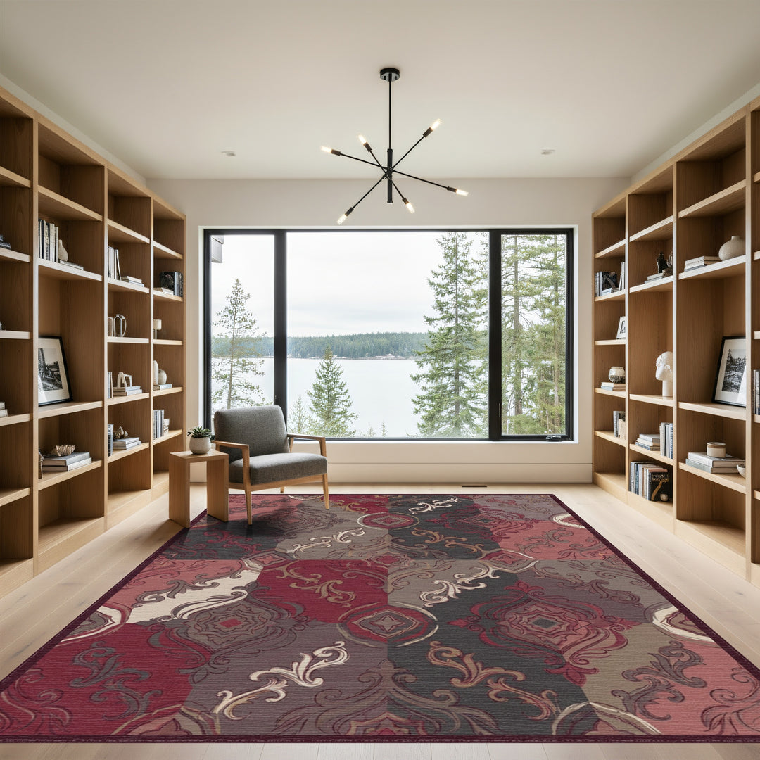 Crimson Burgundy Patchwork Scroll Medallion Rug