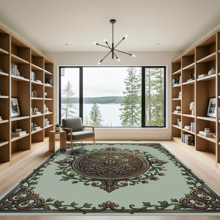 Ornate Green Ivy Floral Medallion Rug