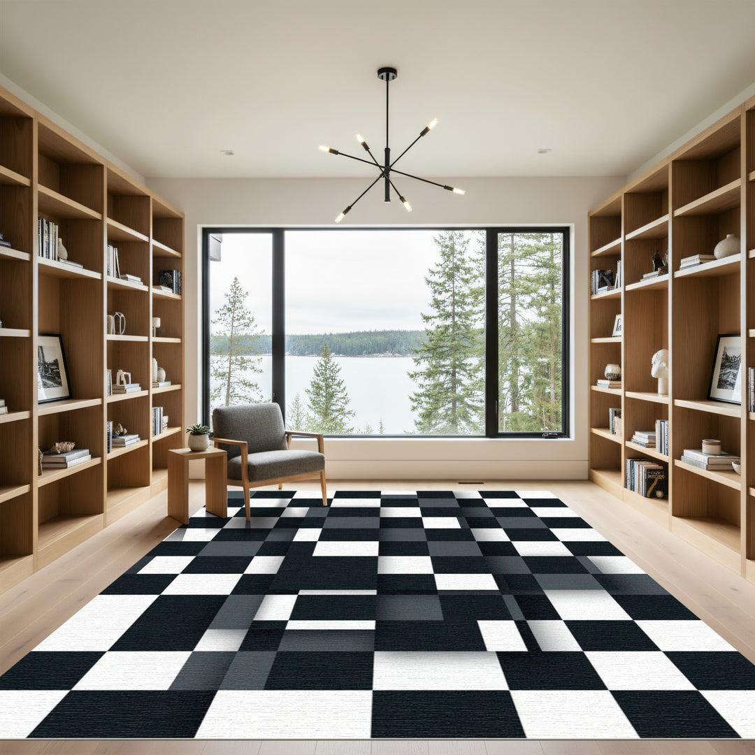 Modern Black and White Checkerboard Rug