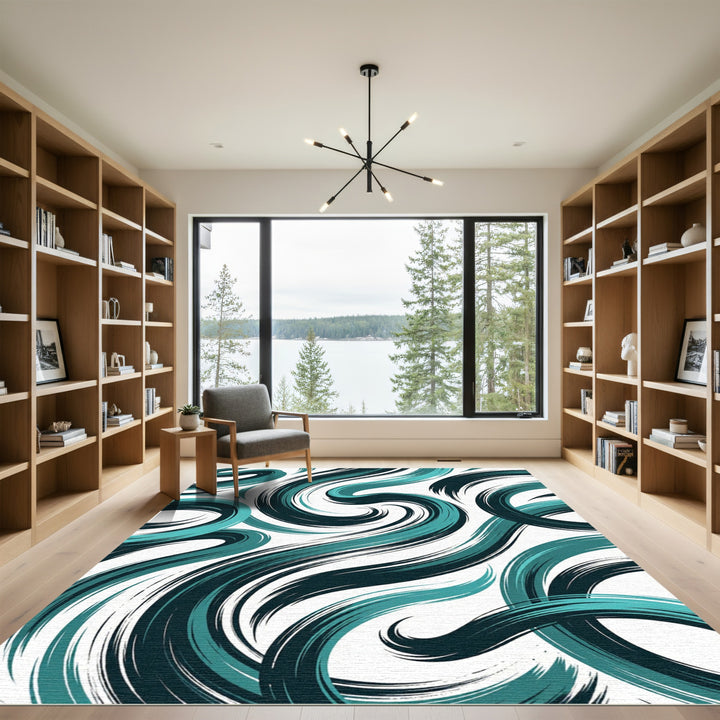 Ocean Blue Swirling Brushstroke Rug
