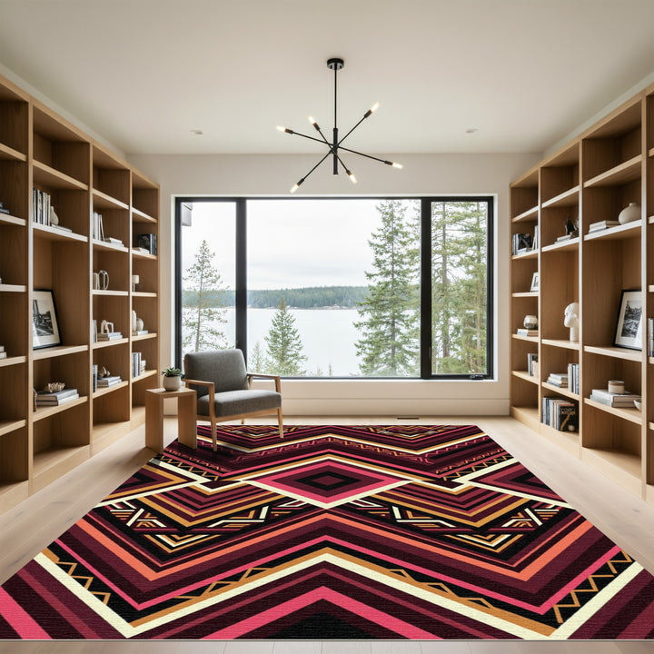 Bold Burgundy Geometric Tribal Diamond Rug