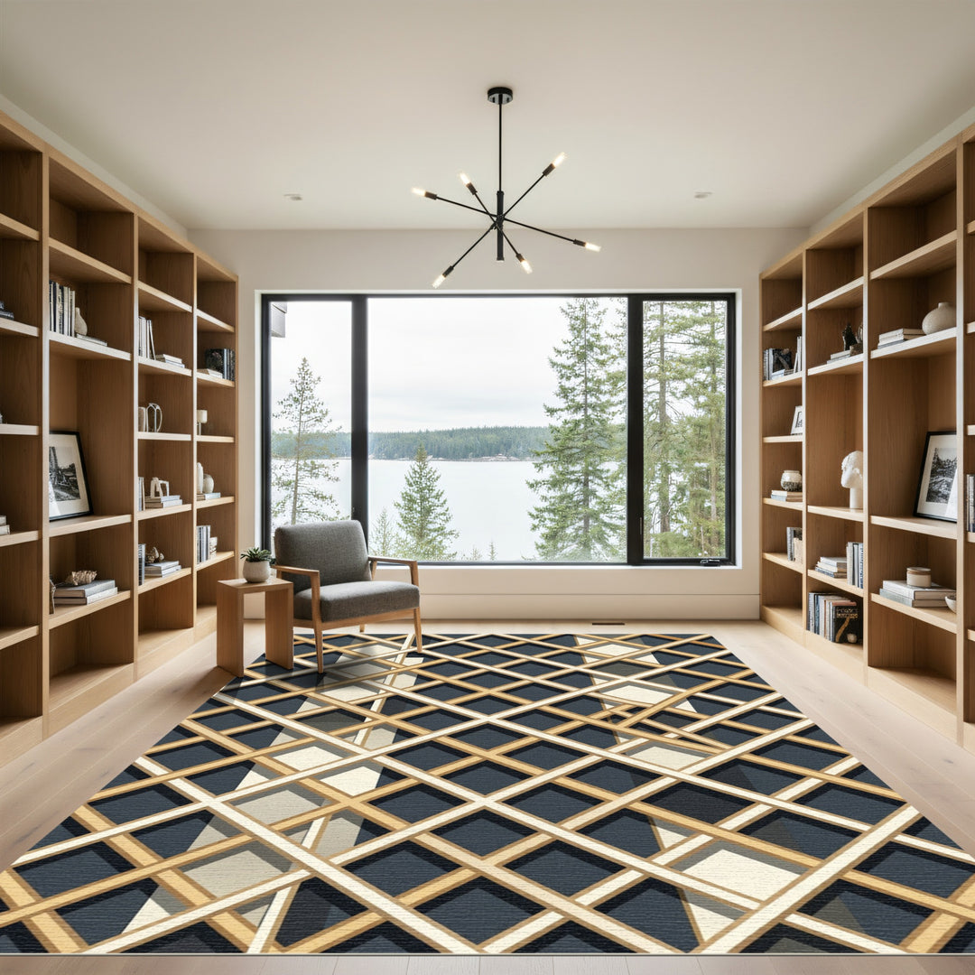 Interlocking Geometric Lattice Cream Gold Rug