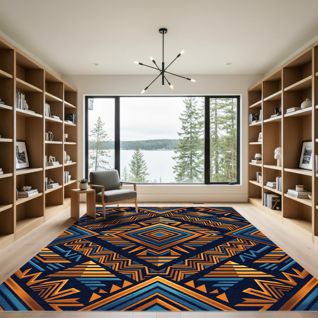 Bold Amber Blue Geometric Tribal Rug