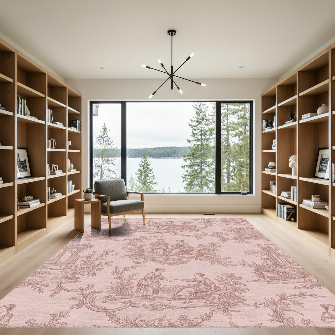 Rose Pink Toile Garden Scene Rug
