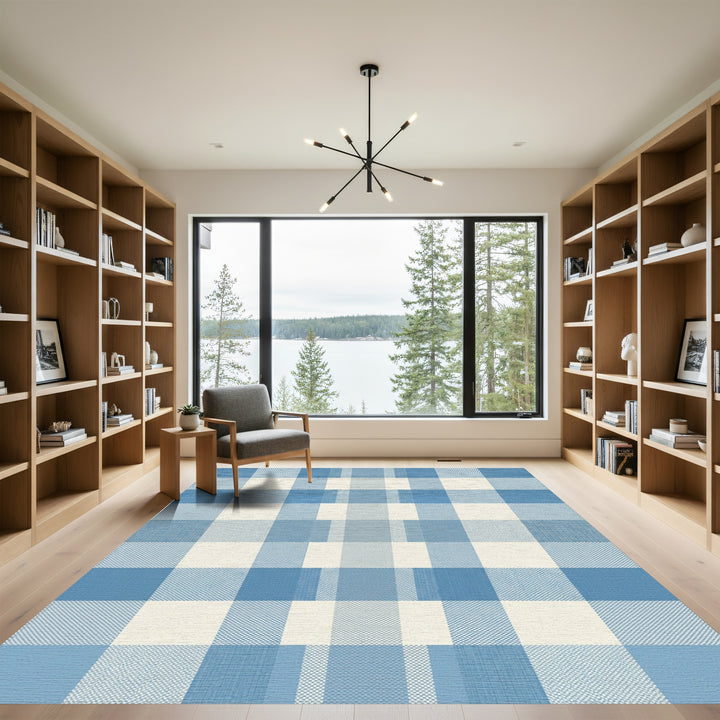 Serene Blue Checkered Grid Rug