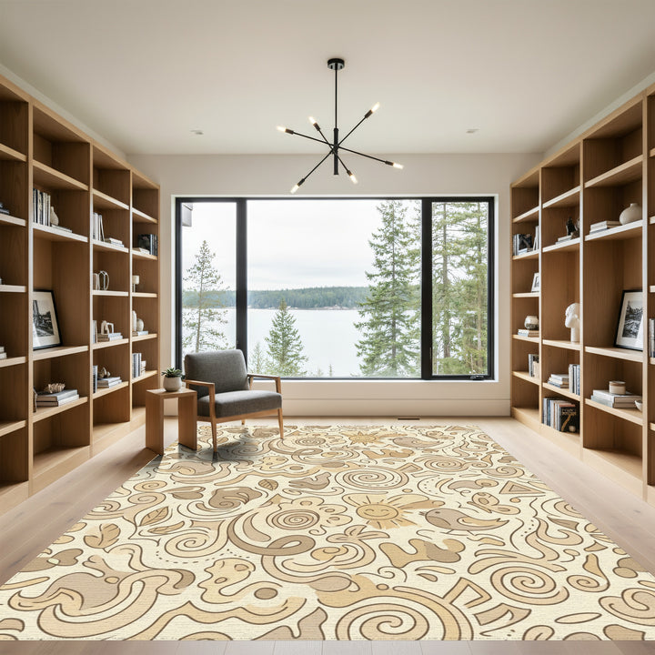 Whimsical Beige Sun Bird Butterfly Swirls Rug