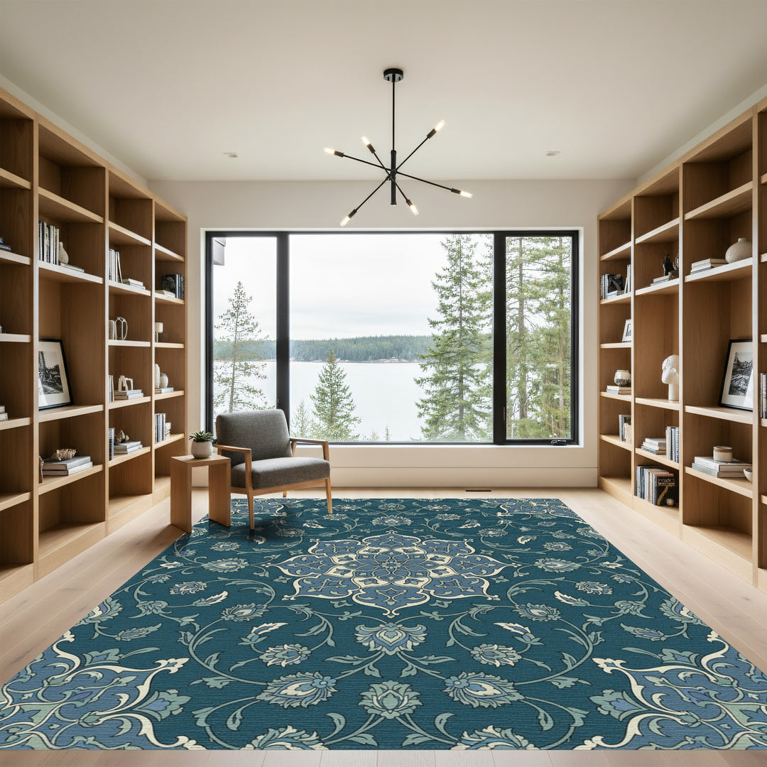 Deep Blue Floral Medallion Mandala Rug