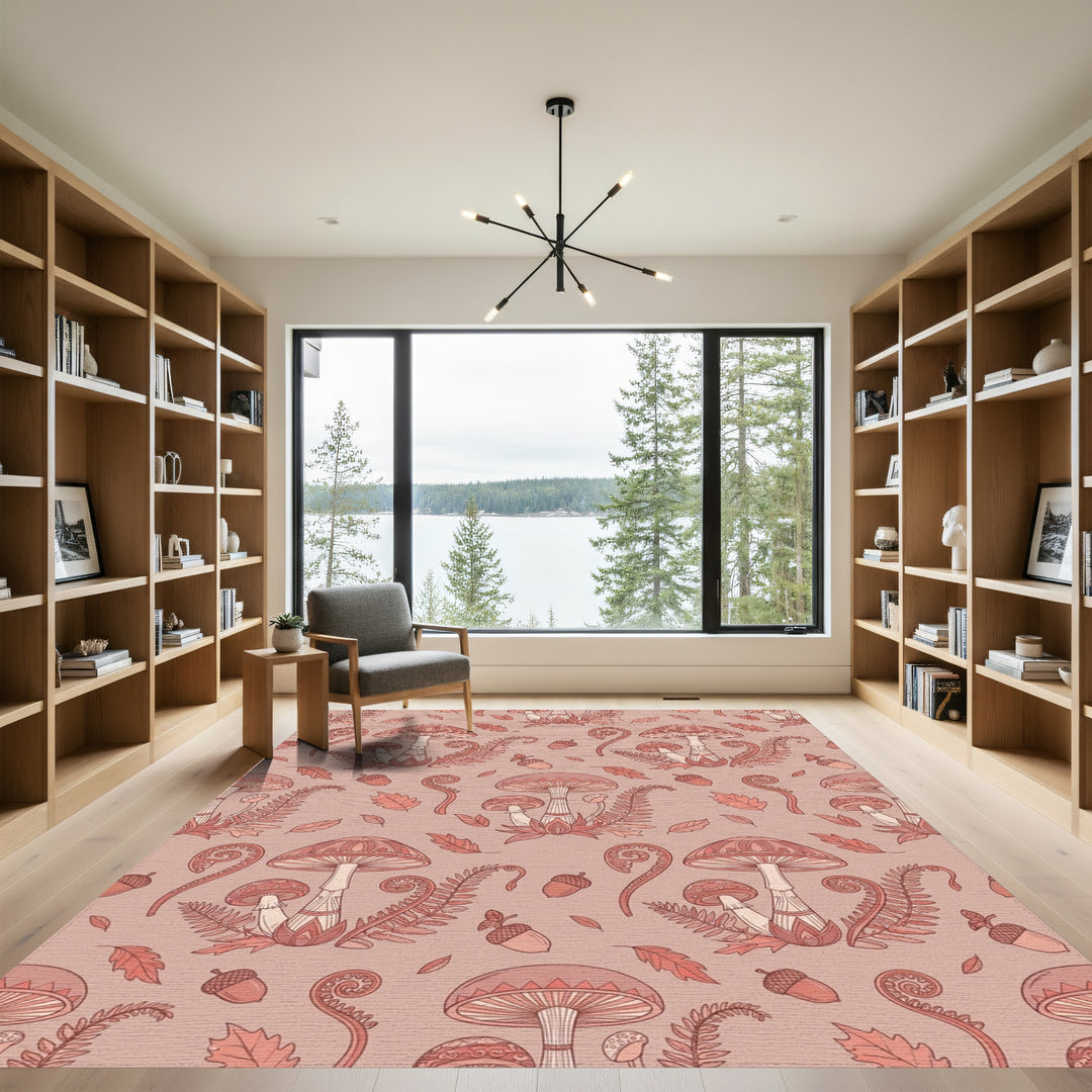 Terracotta Mushroom Fern Acorn Repeating Motif Rug