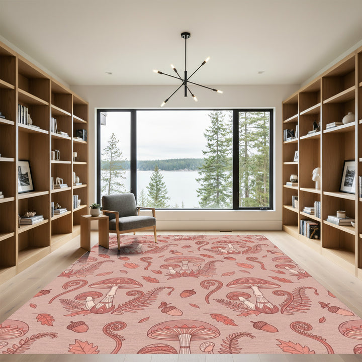 Terracotta Mushroom Fern Acorn Repeating Motif Rug