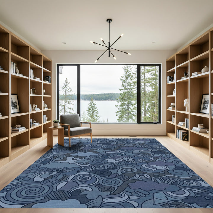 Moody Blue Abstract Swirl Clouds Rug
