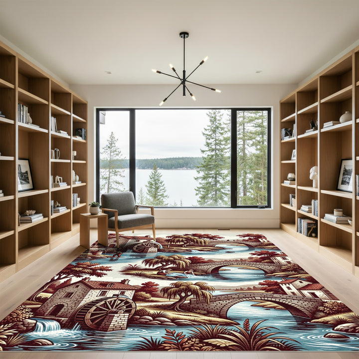 Rustic Watermill River Bridge Scene Rug