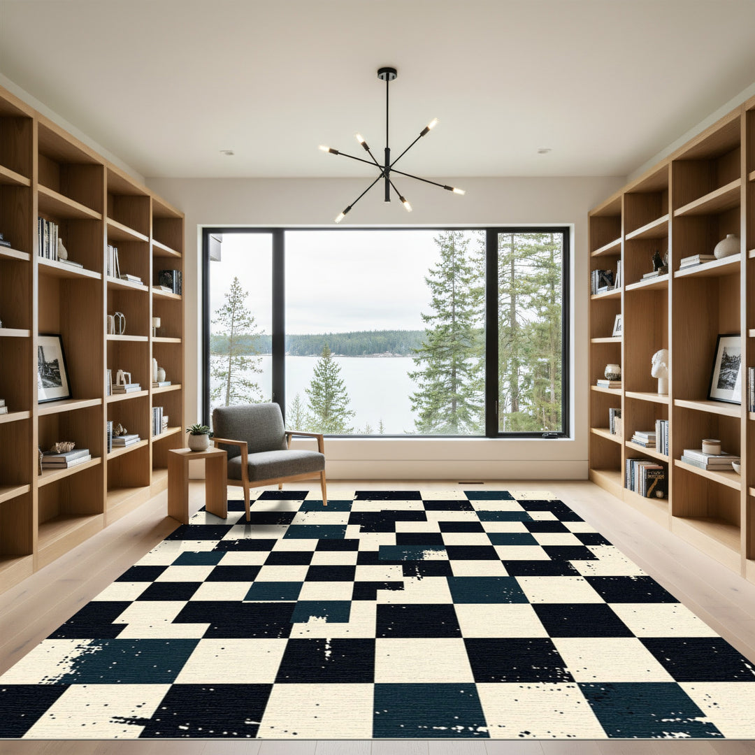 Distressed Black White Checkerboard Square Arrangement Rug