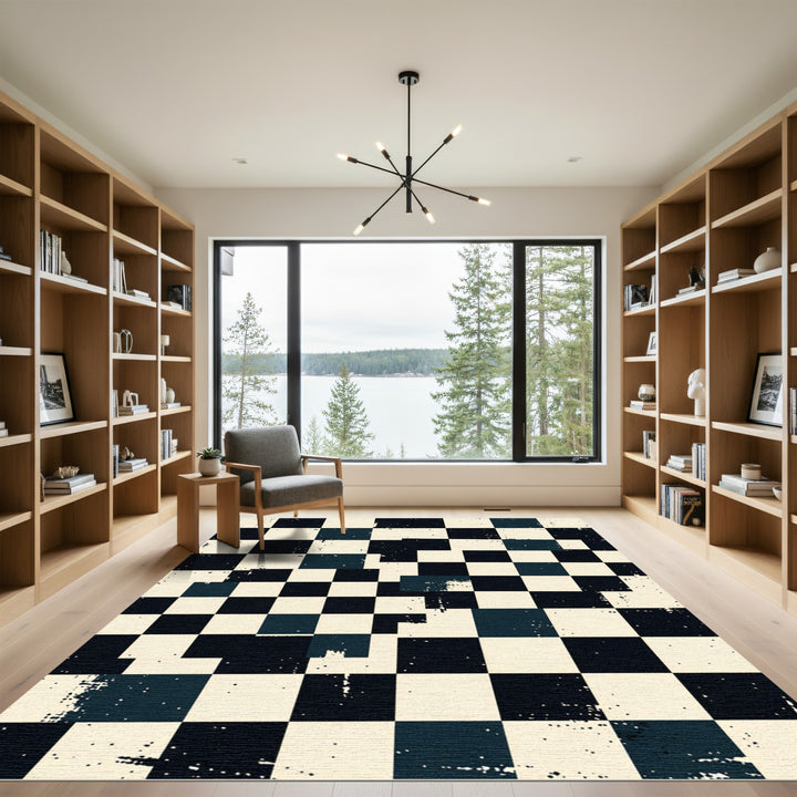 Distressed Black White Checkerboard Square Arrangement Rug