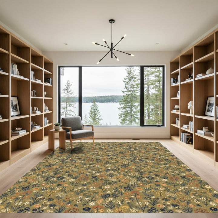 Earthy Green Wildflower Meadow Rug