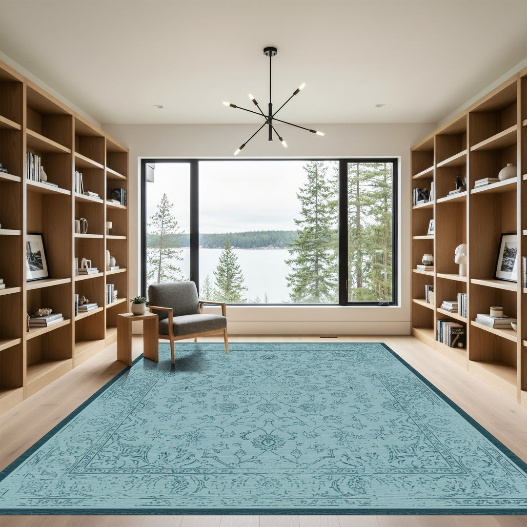 Distressed Teal Floral Medallion Rug