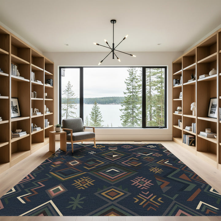 Dark Blue Geometric Earthy Tone Medallion Rug