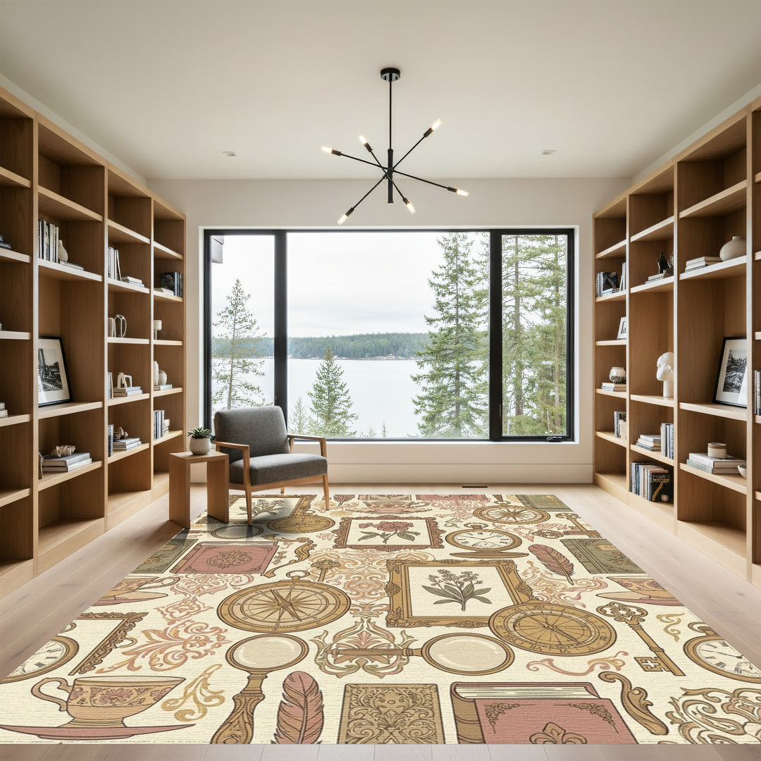 Vintage Botanical Tea Cup Compass Art Rug