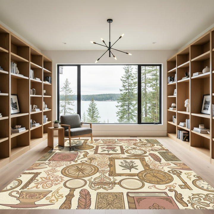 Vintage Botanical Tea Cup Compass Art Rug