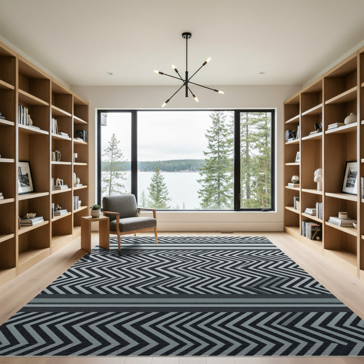 Modern Black White Geometric Chevron Rug