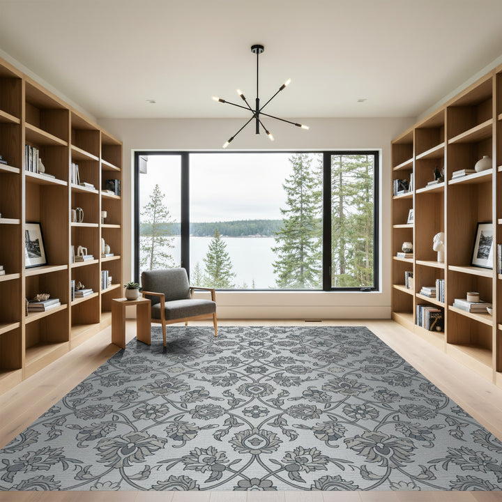 Silver Gray Vintage Floral Damask Rug