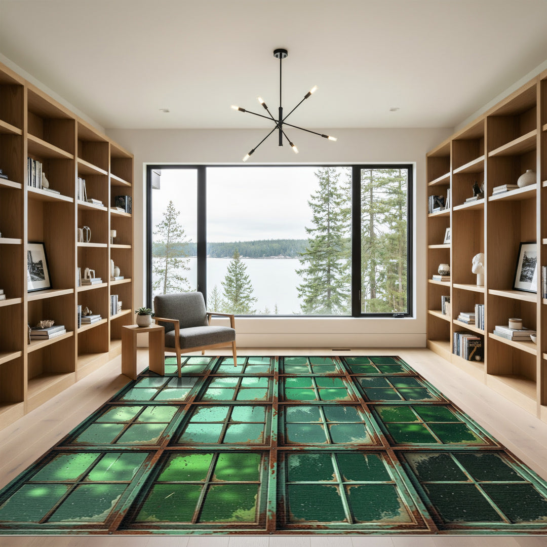 Rustic Green Grungy Paned Window Rug