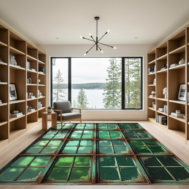 Rustic Green Grungy Paned Window Rug