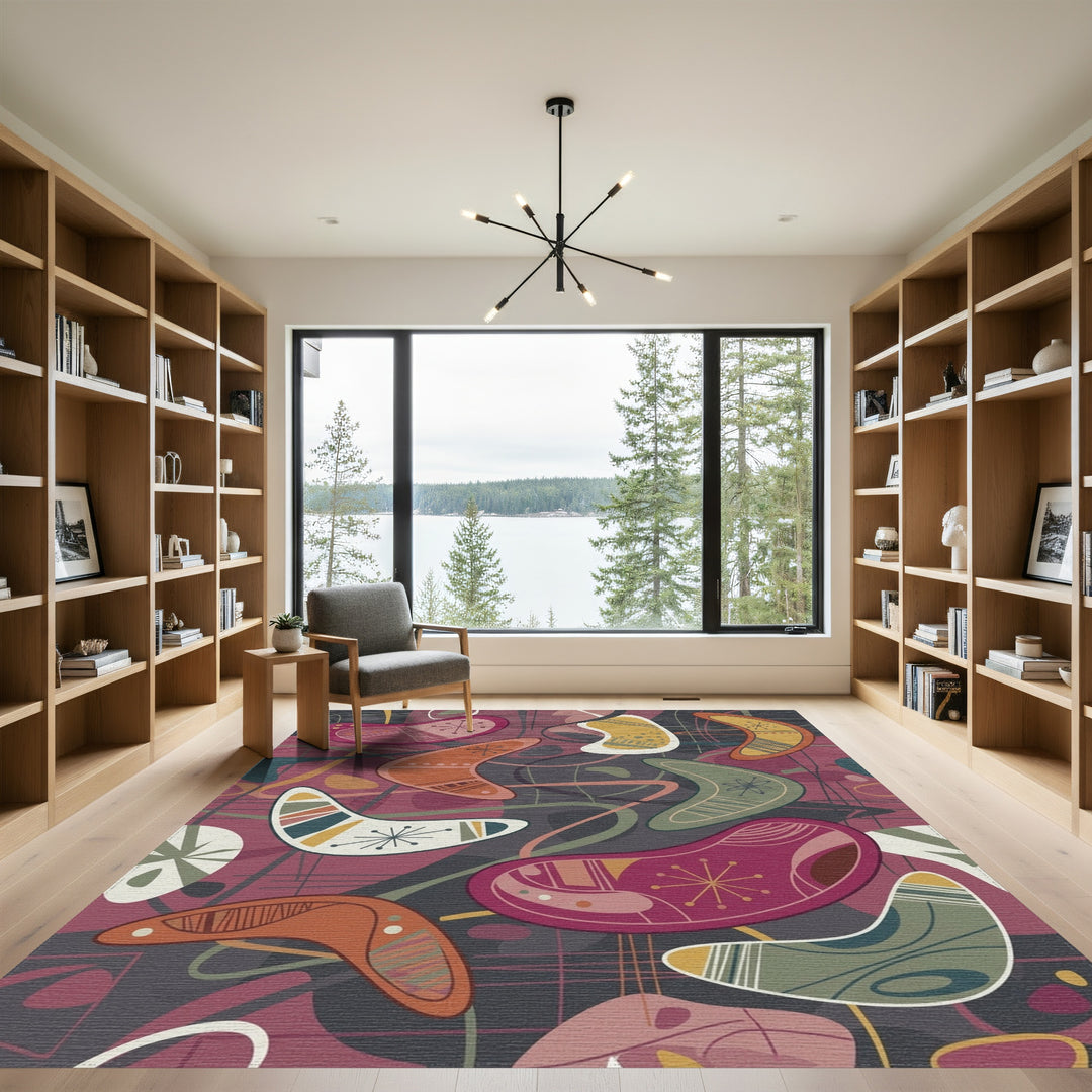 Retro Boomerang Shapes Red Green Yellow Rug