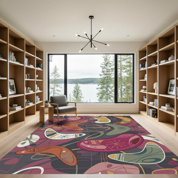 Retro Boomerang Shapes Red Green Yellow Rug
