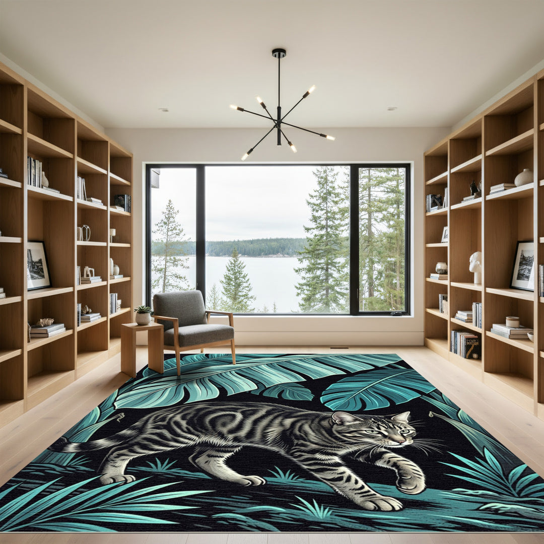 Tabby Cat Tropical Jungle Emerald Leaves Rug