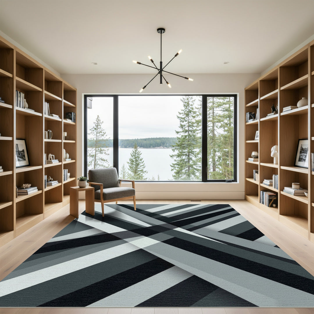 Monochrome Abstract Geometric Intersection Rug