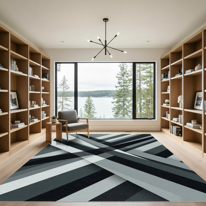 Monochrome Abstract Geometric Intersection Rug