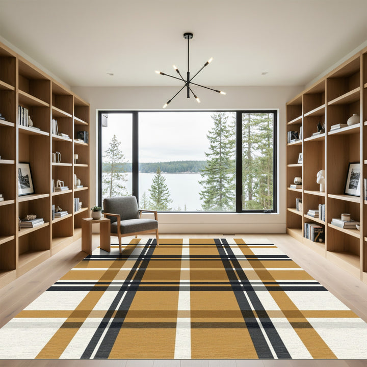 Golden Brown Plaid Grid Pattern Rug