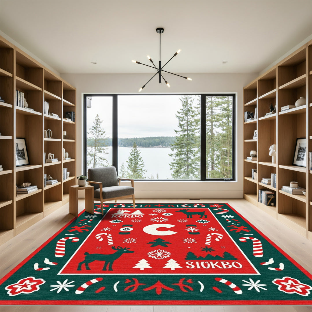 Red Festive Deer Snowflake Candy Cane Rug