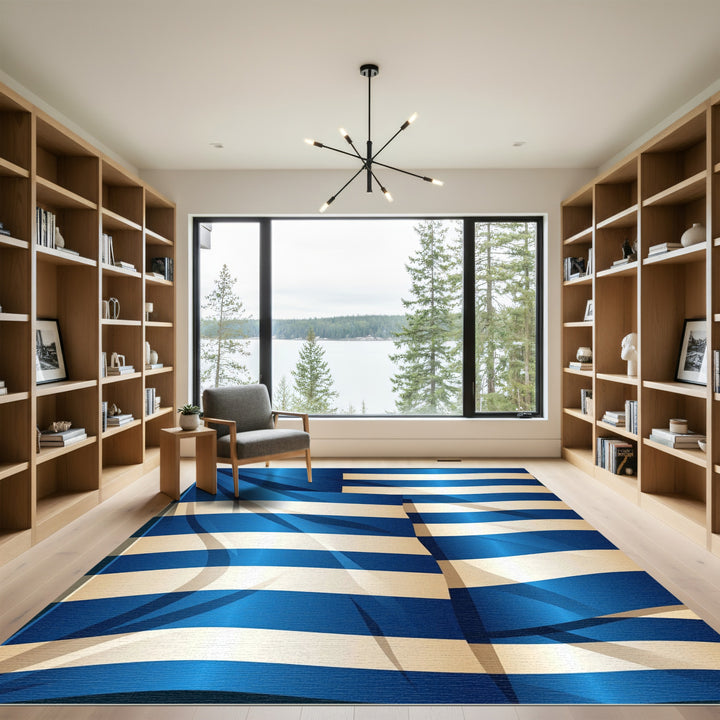 Deep Blue White Horizontal Stripe Rug