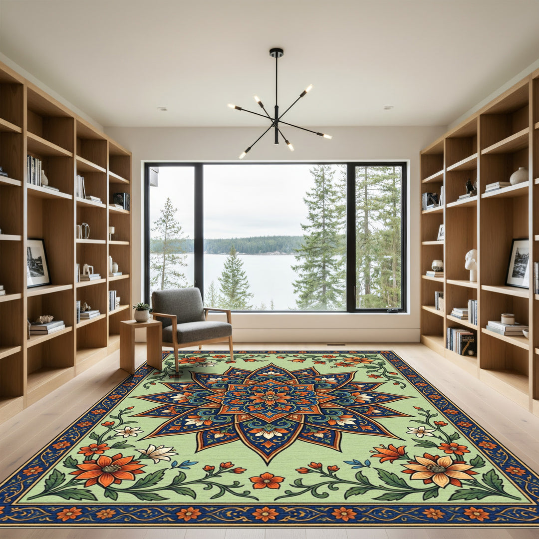Ornate Blue Orange Floral Mandala Rug