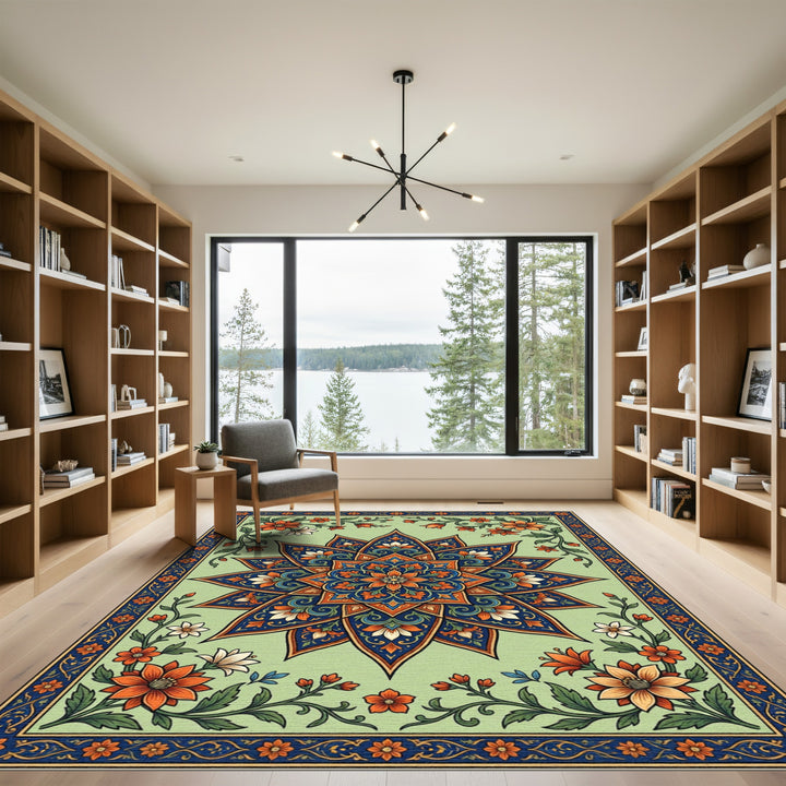 Ornate Blue Orange Floral Mandala Rug