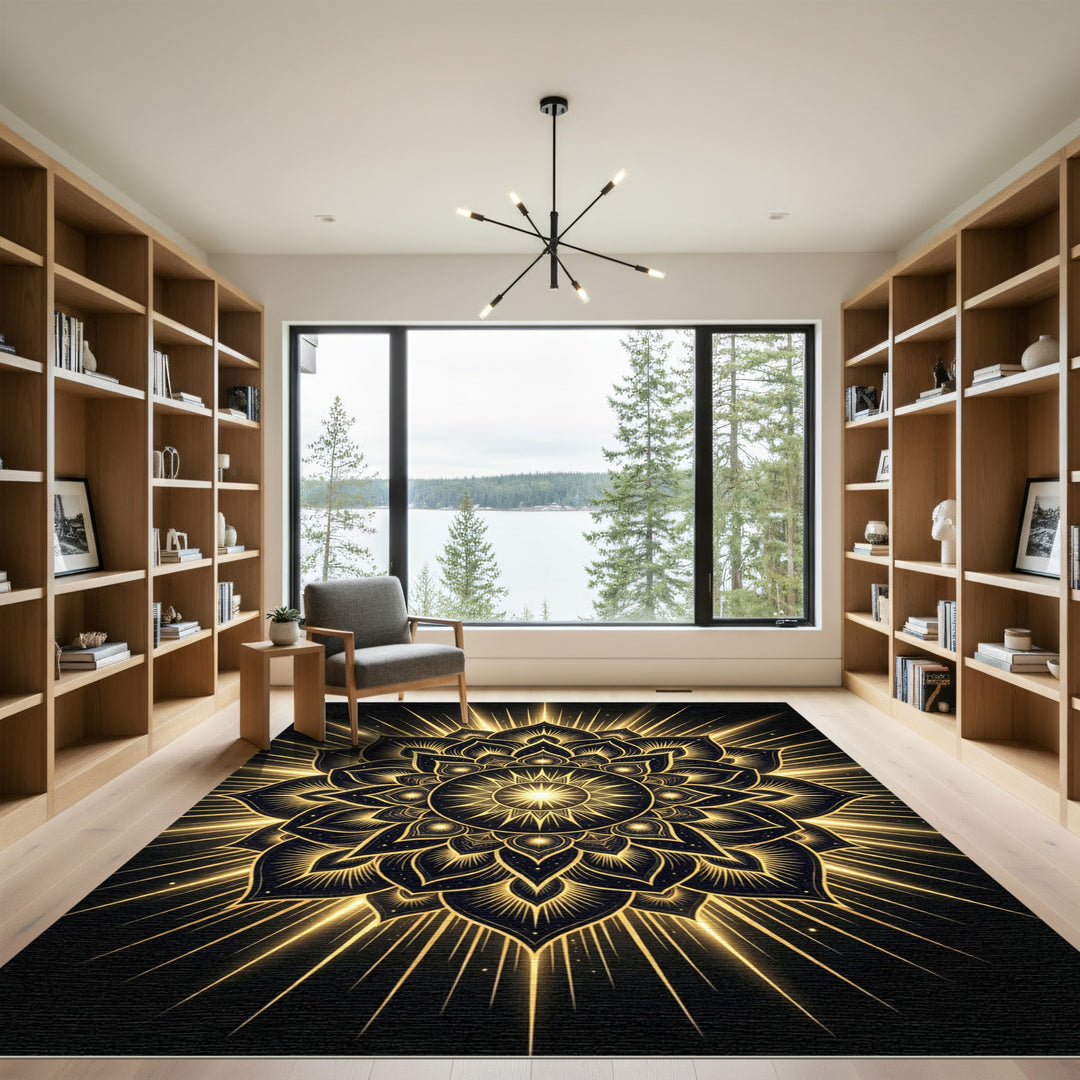 Radiant Golden Lotus Sunburst Rug