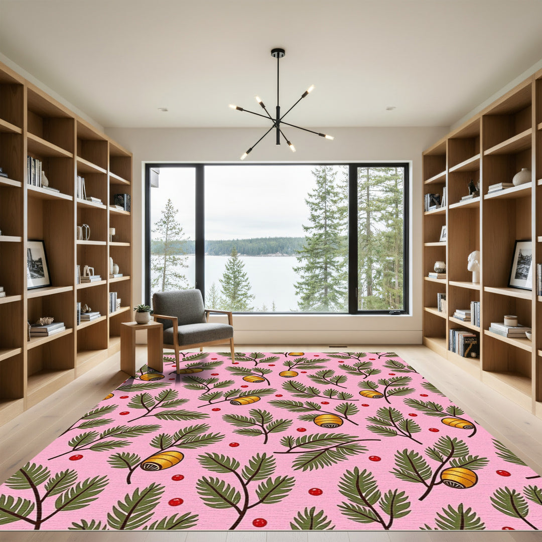 Pink Green Golden Berry Branch Repeat Rug