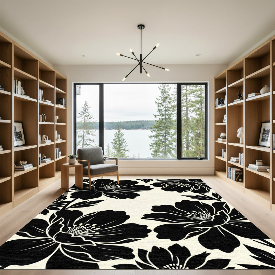 Bold Black Floral Art Rug